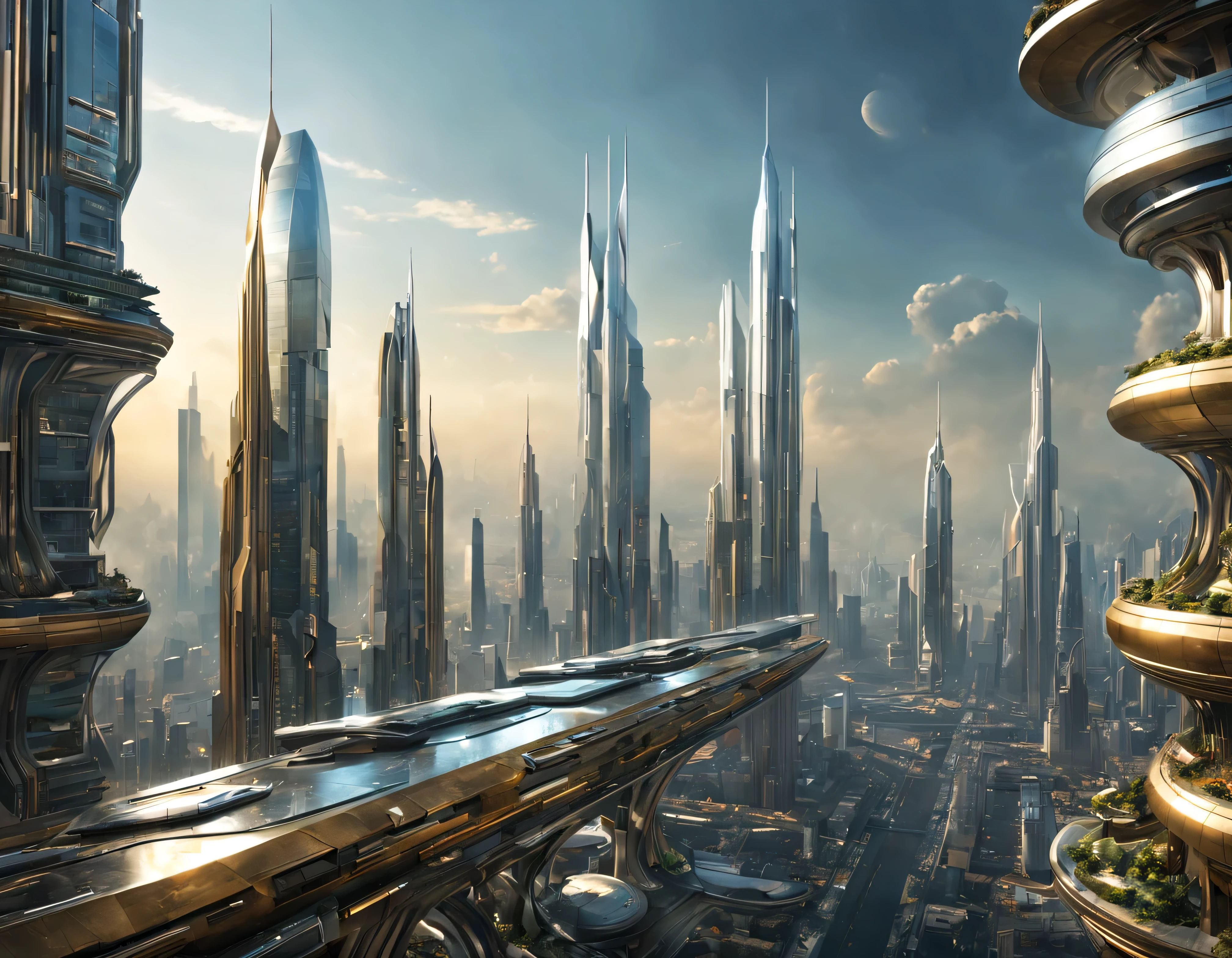 the city of megacity futuristic science fiction city as it would be in the year 3029, vista desde una terraza , with high-tech design , edificios de metal y cristal, autopistas cruzandolos, de una inmensidad impresionante, con el empleo de oro , plata y bronce en su construccion, realmente impresionante a la vista, imagen bien definida, fondo nitido bien defifido, con muchos edificios juntos. imagen nitida bien definida 8k. los edificios llegan alta el fondo.,8k. imagen cinematografica, renderizado 3d, ((obra maestra de superior calidad)).