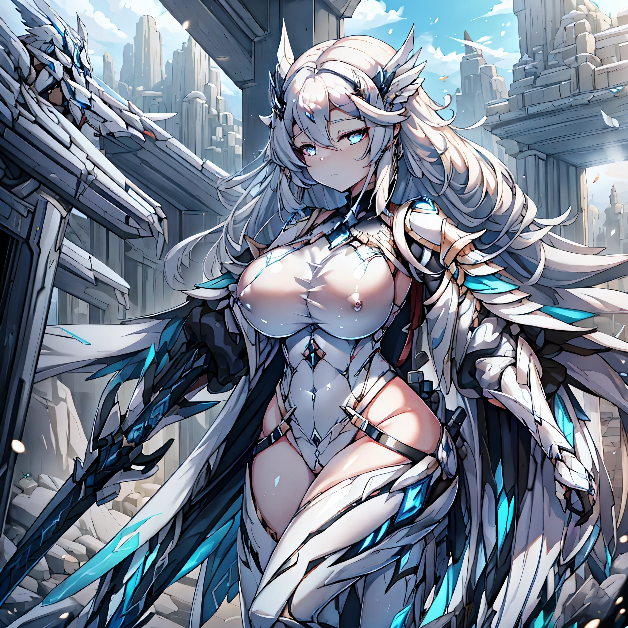 NSFW anime character with white hair and armor holding a sword, armor girl, pale black armor, gorgeous female paladin, highly detailed exquisite fanart, white haired deity, white armor, glossy white armor, of a beautiful female knight, mechanized Valkyrie girl