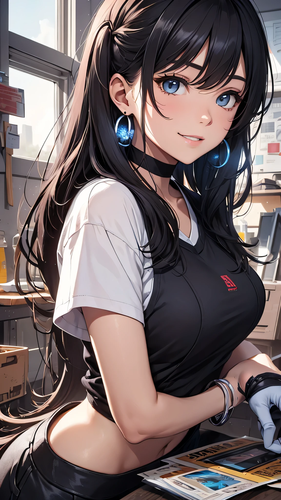 最high quality、best image quality、masterpiece、age girl((18-year-old、 By becoming、vest bust、medium bust,wide open breast tea、black eye, black hair、long hair、thin,highest valley、Perforated gloves、blue earrings、bandana、Black workwear、white t-shirt、smile、There is a spanner、There are black stains all over the body)),high quality、beautiful art、background((aircraft、workroom、Mechanic Room)),debris flies、Depth of written boundary、movie、visual art、perfect art、8K,genuine