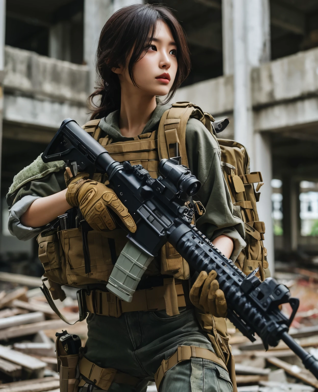 photorealistic、realistic skin texture、automatic rifle