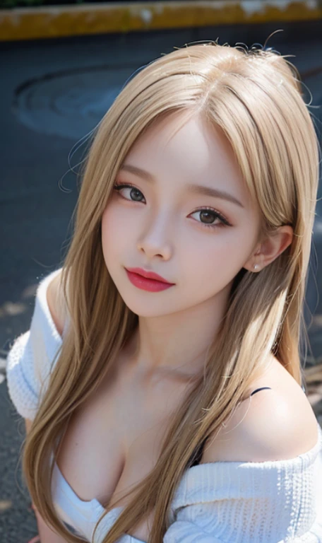 (8K, RAW photo, highest quality, High resolution:1.1), (hyperrealistic:1.4),(realistic, photorealistic:1.3), soft light,girl,realistic face,realistic body,realistic skin,disorganized,masterpiece,(cute:1.8),(big:1.2),sexual expression,鬠红,off shoulder knit,cleavage,film grain,cherry color lip,wet hair, close,viewers watching,long hair,whole body,upper teeth, Depth of bounds written, blurred background,focus of the eye,young,85mm lens,f/1.4,professional lighting,portrait,photon mapping,Physically based rendering,tattoo,embarrassing,Transparency,Silver blonde hair,((from overhead:1.5))