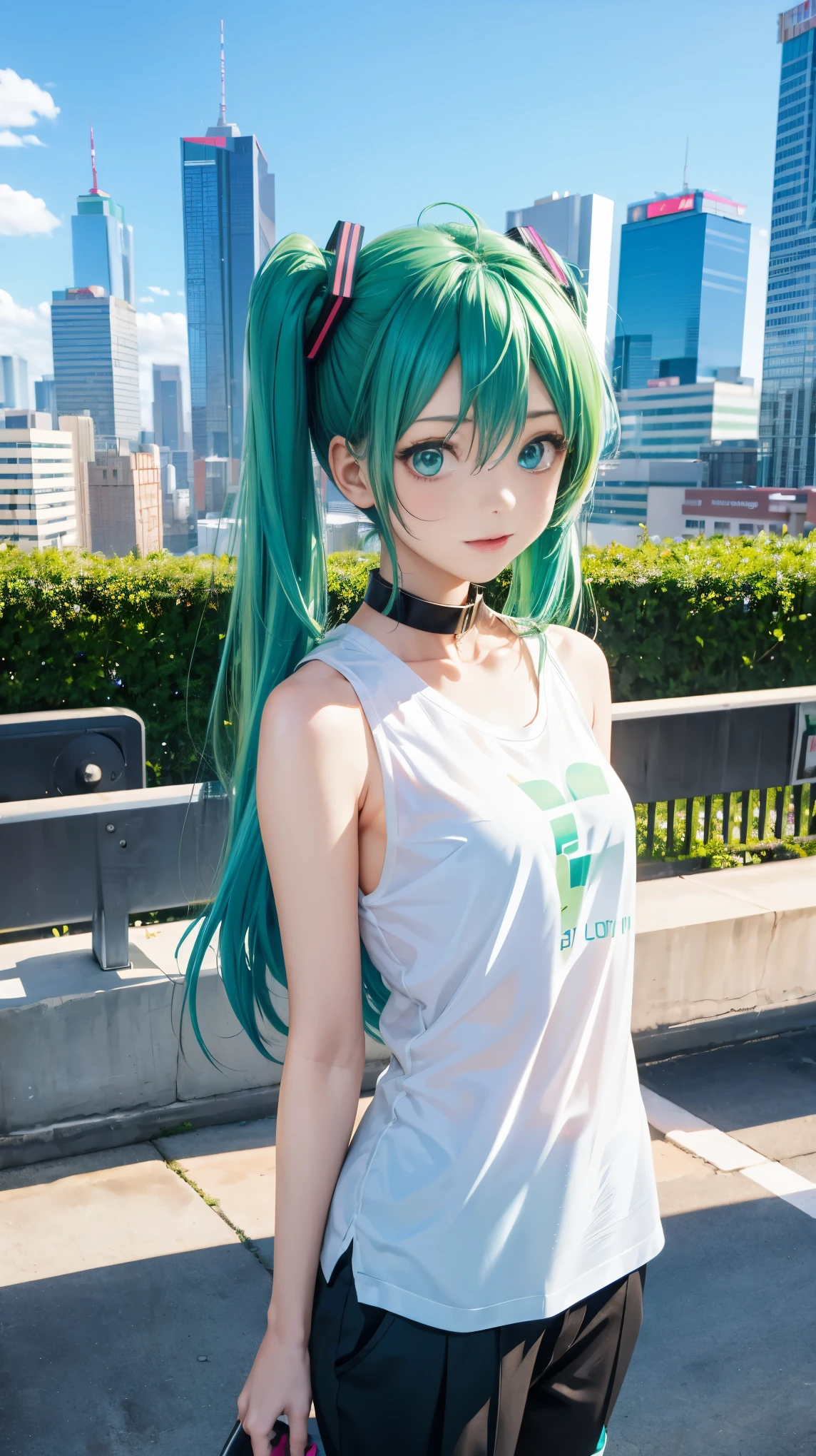 25 years old, Hatsune Miku, city, green hair, green eyes, vocaloid, girl in need, collar, white shirt, t-shirt, blue short, sleeveless, looking at viewer, standing