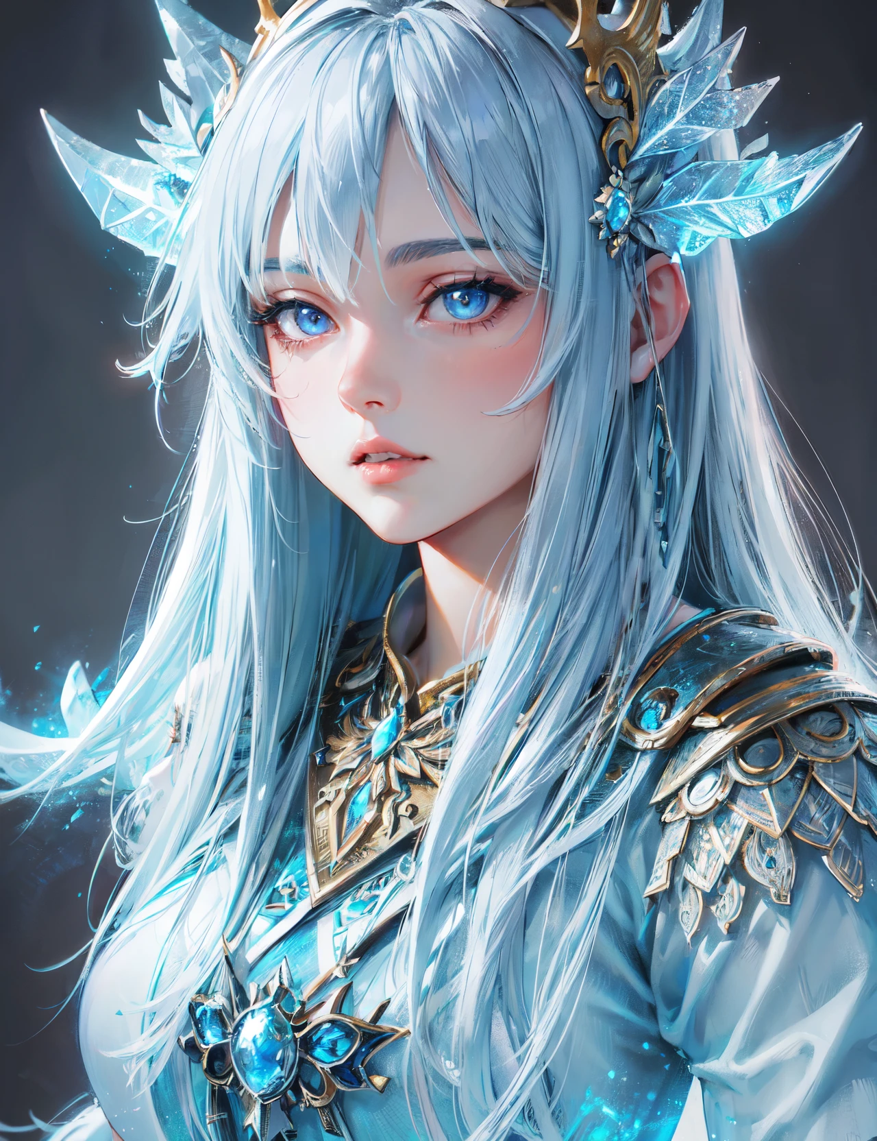 high quality,hd,16k,sharp line,1girl,fantasy, (spirit of ice),beautiful face, large breasts, nice legs,in mountain,focus girl,detailed beautiful face,detailed clothes,beautiful eyes,cool,sexy,dynamic angle