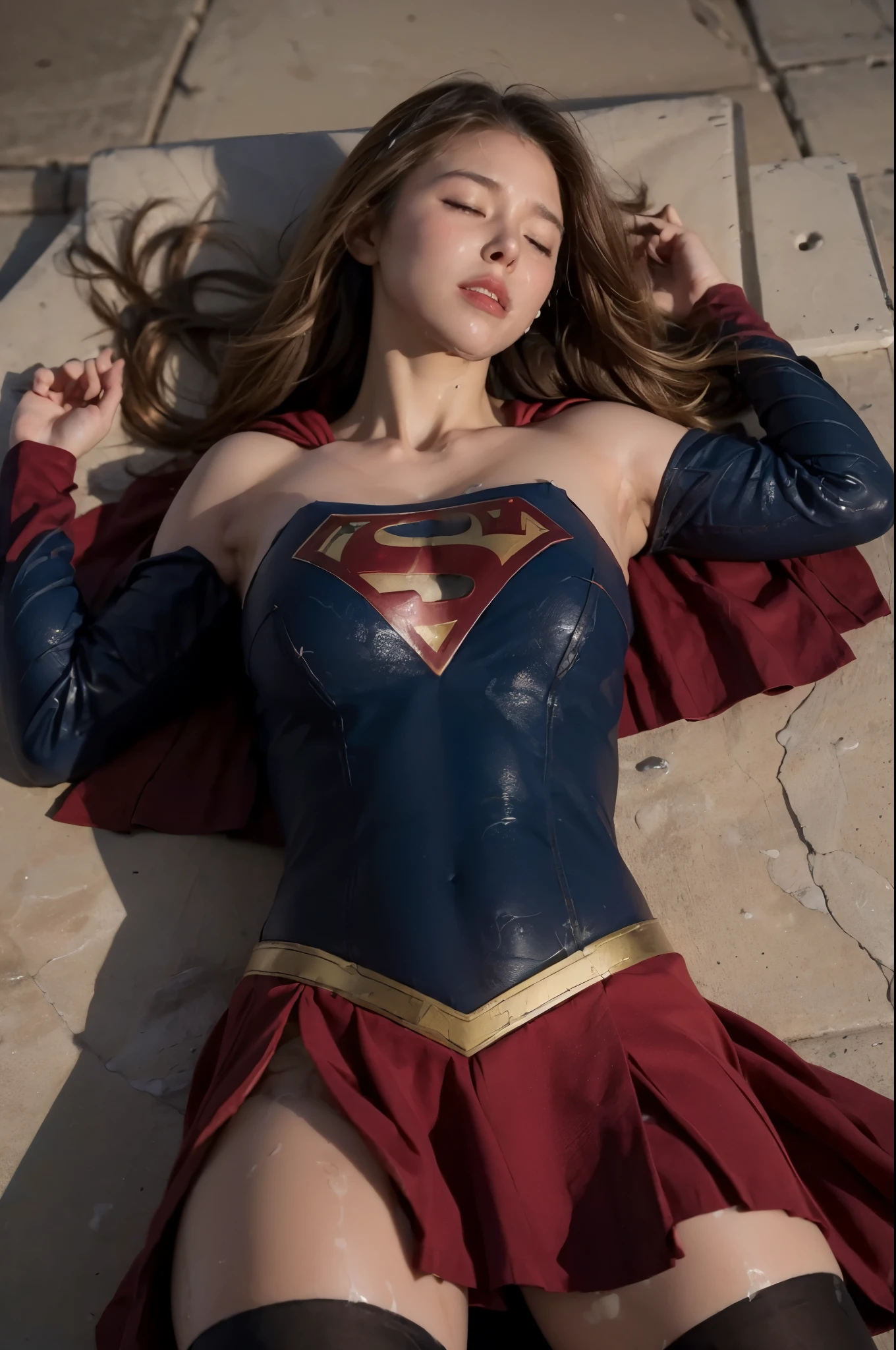 8k, best quality, real picture, intricate details, ultra-detailed, ultra highres, depth field,(photorealistic,realistic:1.2), beautiful face, hyper detailed face, masterpiece, photo of 1girl, Supergirl, superhero, arms on hips, realistic, red cape, bodysuit, red skirt, red boots, pantyhose, blonde hair, lips, long hair, solo, ruined city background, Nikon d850, film stock, photograph 4 kodak Portra 400 camera f1.6 lens, rich colors, hyper realistic, lifelike texture, dramatic lighting, unreal engine, trending on artstation, cinestill 800, (lying on back:1.9), (close eyes:1.6), (unconsciousness:1.9), (painful), (defeated from fighting), (semen on skirt:1.8), (semen on thighs:1.9),