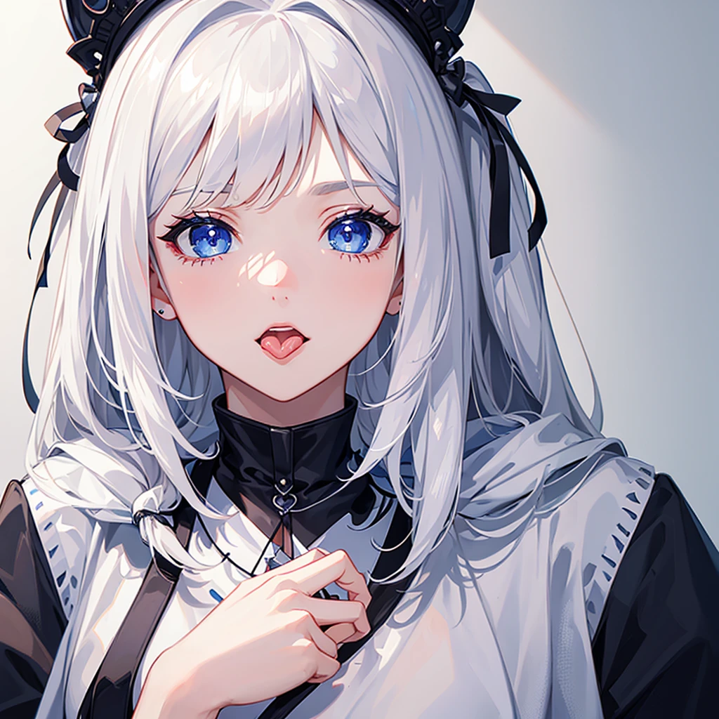 (masterpiece), best quality, expressive eyes, perfect face, stick tongue out, white hair, blue eyes, girl