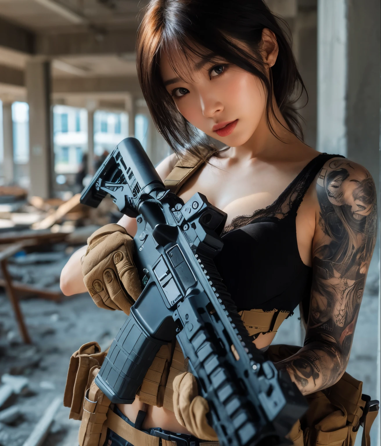 An ultra-detailed, photorealistic portrait with the best quality(highres:1.2) and a focus on realistic skin texture. The subject of the portrait is a person holding an automatic rifle. The rifle has a metallic material that reflects the light in a studio lighting setup. The portrait is rendered with sharp focus and vibrant colors to bring out the details in the skin texture and the metallic material. The overall color tone of the image is warm and inviting, with a slight bokeh effect in the background to create depth.