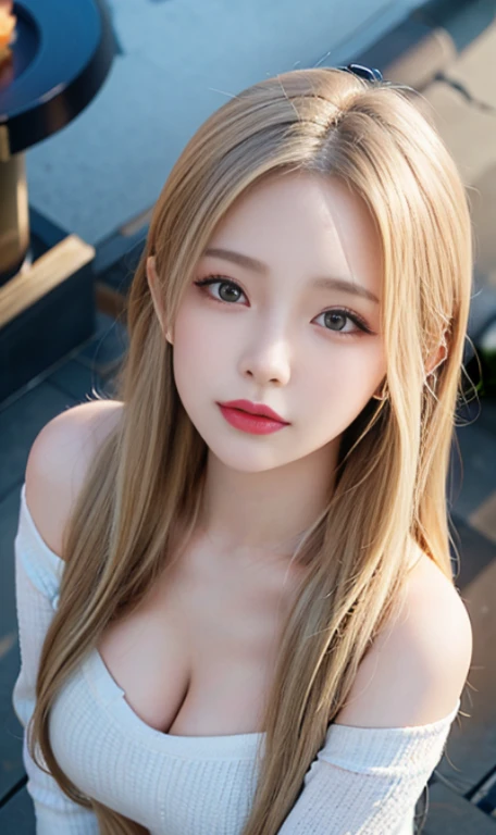 ((night view, realistic light, highest quality, 8K, masterpiece: 1.3)), 1 girl, Beautiful woman with slim figure: 1.4, (blonde, big breasts: 1.3), off shoulder cut top: 1.3, sofa, super detailed face, fine eyes, double eyelid、