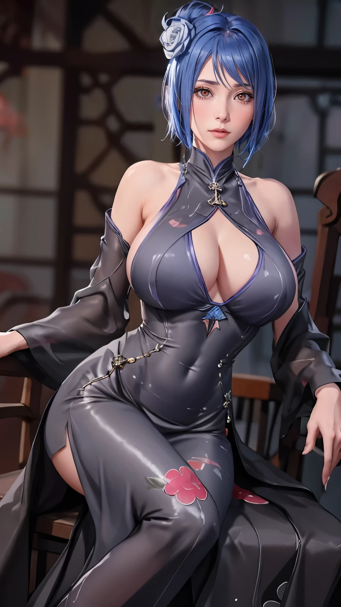 （（（newchinesestylesuit，cement gray dress,（（（danya，konan \(naruto\),konan, blue hair, Orange pupils, short hair, hair ornament, flower, hair flower, ））），（（（wide hips））），S-shaped body:1.7））），((masterpiece)),high resolution, ((Best quality at best))，masterpiece，quality，Best quality，（（（ Exquisite facial features，looking at the audience,There is light in the eyes，shy，blush，pain，endure ））），（（（Light and shadow interlace，super gigantic ，cleavage））），（（（looking into camera，sit on the chair）））