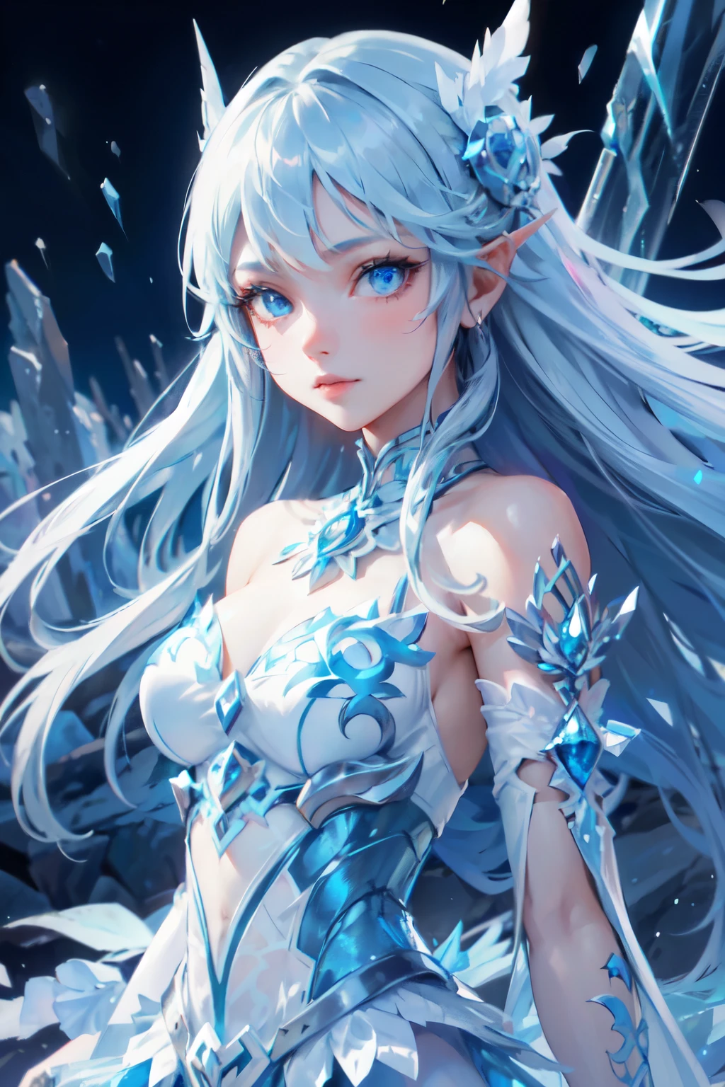 high quality,hd,16k,sharp line,1girl,fantasy, (spirit of ice),beautiful face, large breasts, nice legs,in mountain,focus girl,detailed beautiful face,detailed clothes,beautiful eyes,cool,sexy,dynamic angle