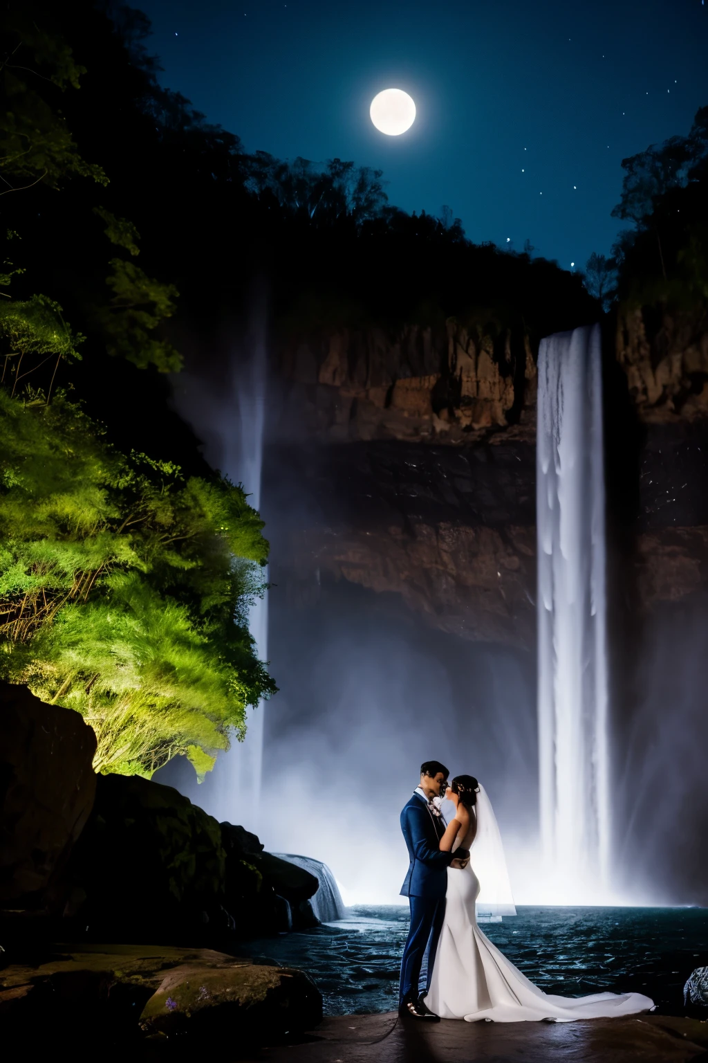 A modern and stylish wedding scene set against the backdrop of a mysterious, otherworldly landscape. The groom, dressed in a sleek tuxedo, stands before a grand, realistic waterfall, with the blue earth and the moon peeking out from behind. The bride, looking radiant and gorgeous in a beautifully detailed, intricately designed dress, approaches him with a look of wonder and excitement in her deep, mysterious eyes. The scene is illuminated by cinematic lighting, creating a sense of drama and magic in the air. The waterfall, rendered in exquisite detail, shimmers under the volumetric lighting, adding an element of wonder to the scene. The overall effect is a masterpiece