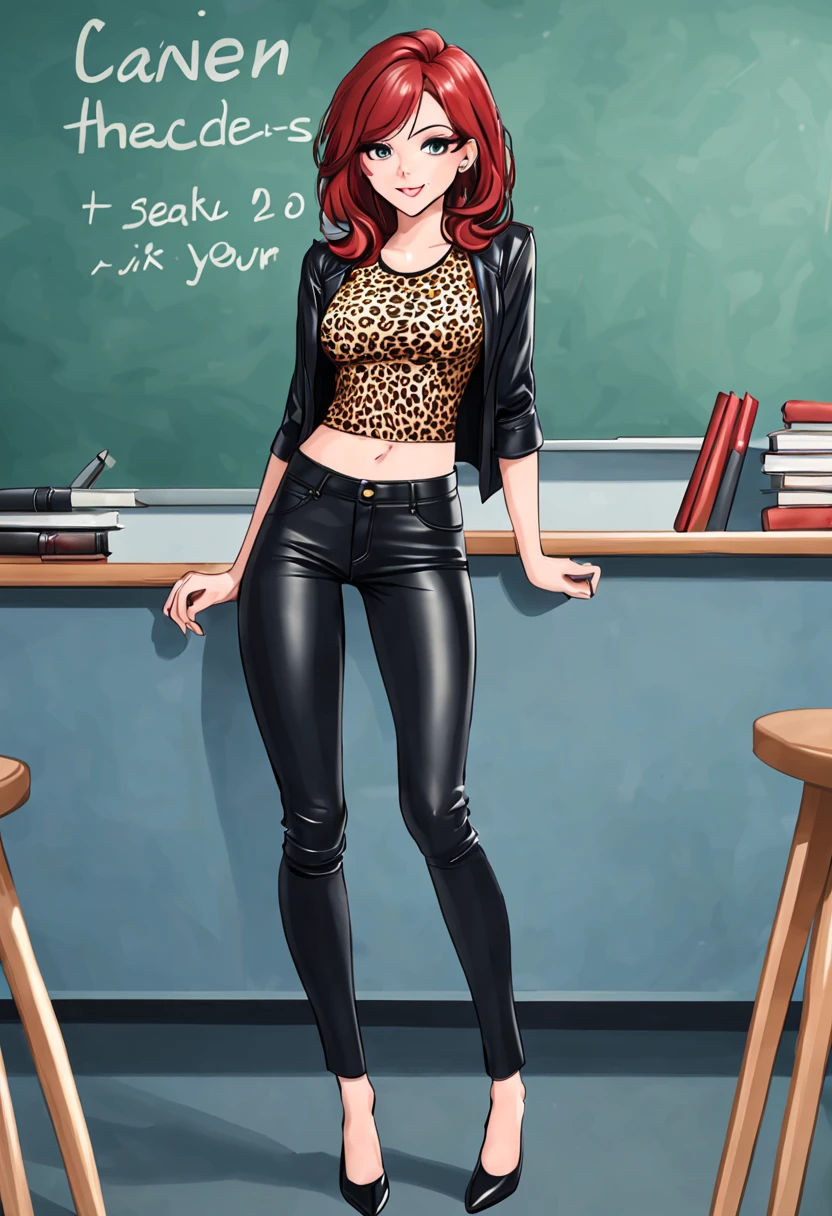 40-year-old Teacher Redhead Sexy Leather pants Leopard top