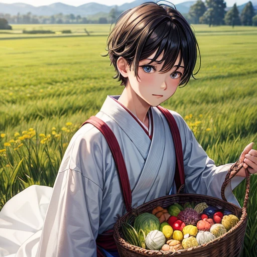  High resolution, Super detailed, masterpiece, highest quality,oriental、old japanese clothes、boy working in the field、grassland、basket on the back、