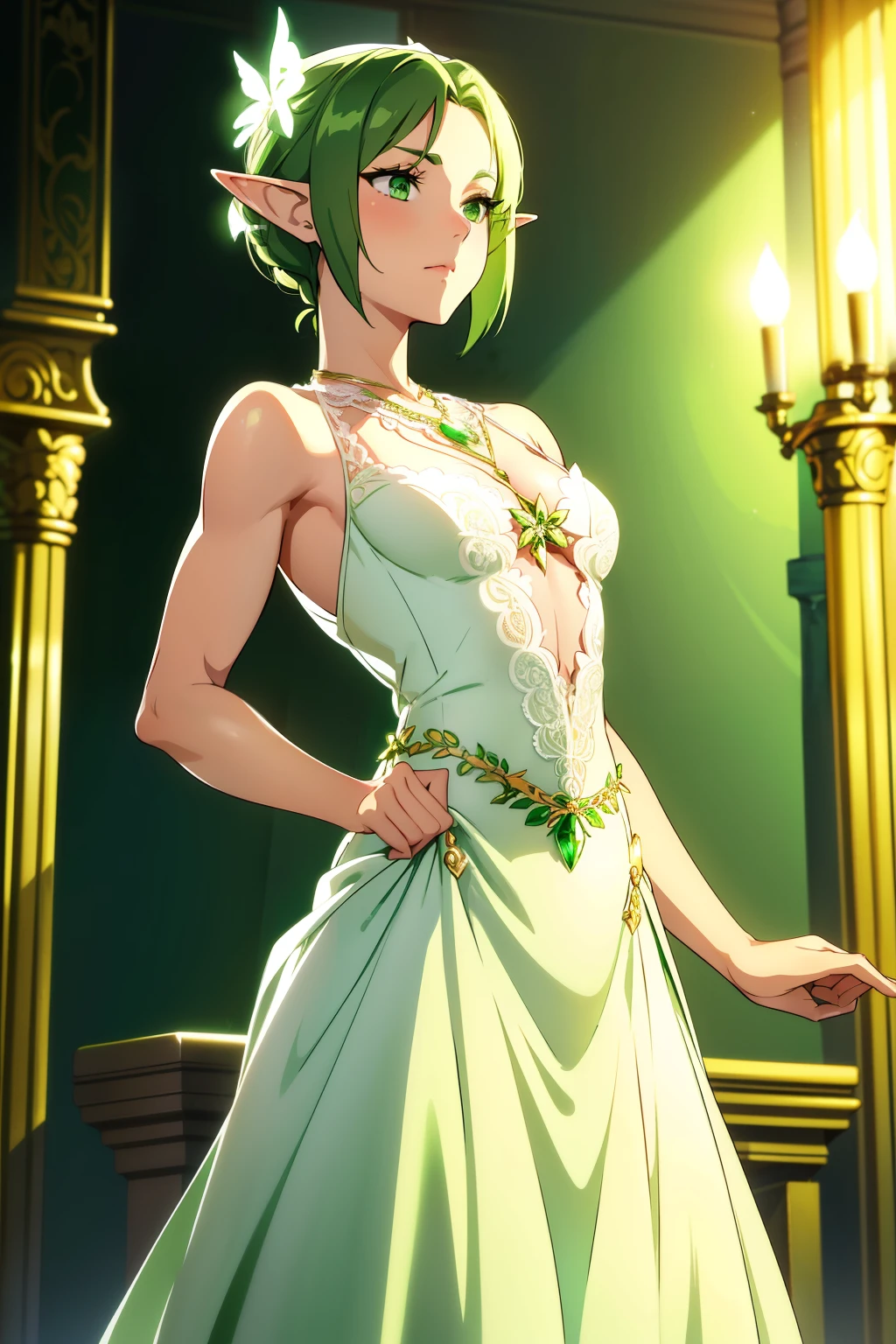 elf woman with green short waved hair and green eyes,lightly muscles,very flat breast, small breast),(( wears a white wedding dress with detalied lace and green juwels on it)), wears golden necklace with green pendant, elegant dancing room in background, soft face expression, soft elegant pose, blue glowing butterflys around, trending on artstation,