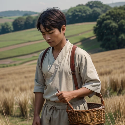 High resolution, Super detailed, masterpiece, highest quality,oriental、old japanese clothes、boy working in the field、grassland、basket on the back、