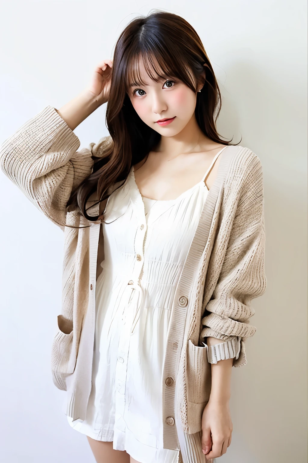 ((Top quality)), one beautiful woman, wearing casual dress cardigan,35mm lens, f/1, cowboy shot, (white background: 1.3), flat chest, on bed,fantastical scenery,大きい目,小さい胸