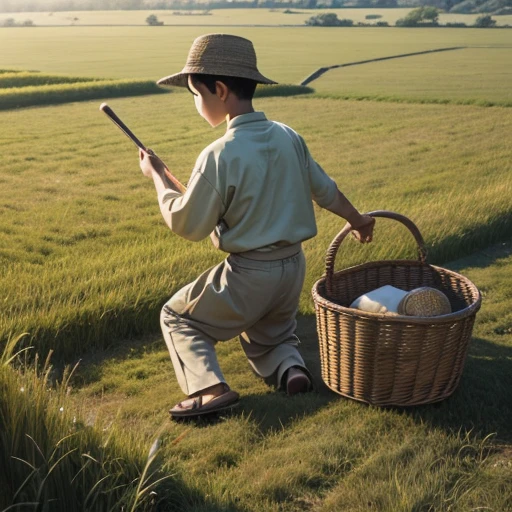High resolution, Super detailed, masterpiece, highest quality,oriental、old japanese clothes、boy working in the field、grassland、basket on the back、