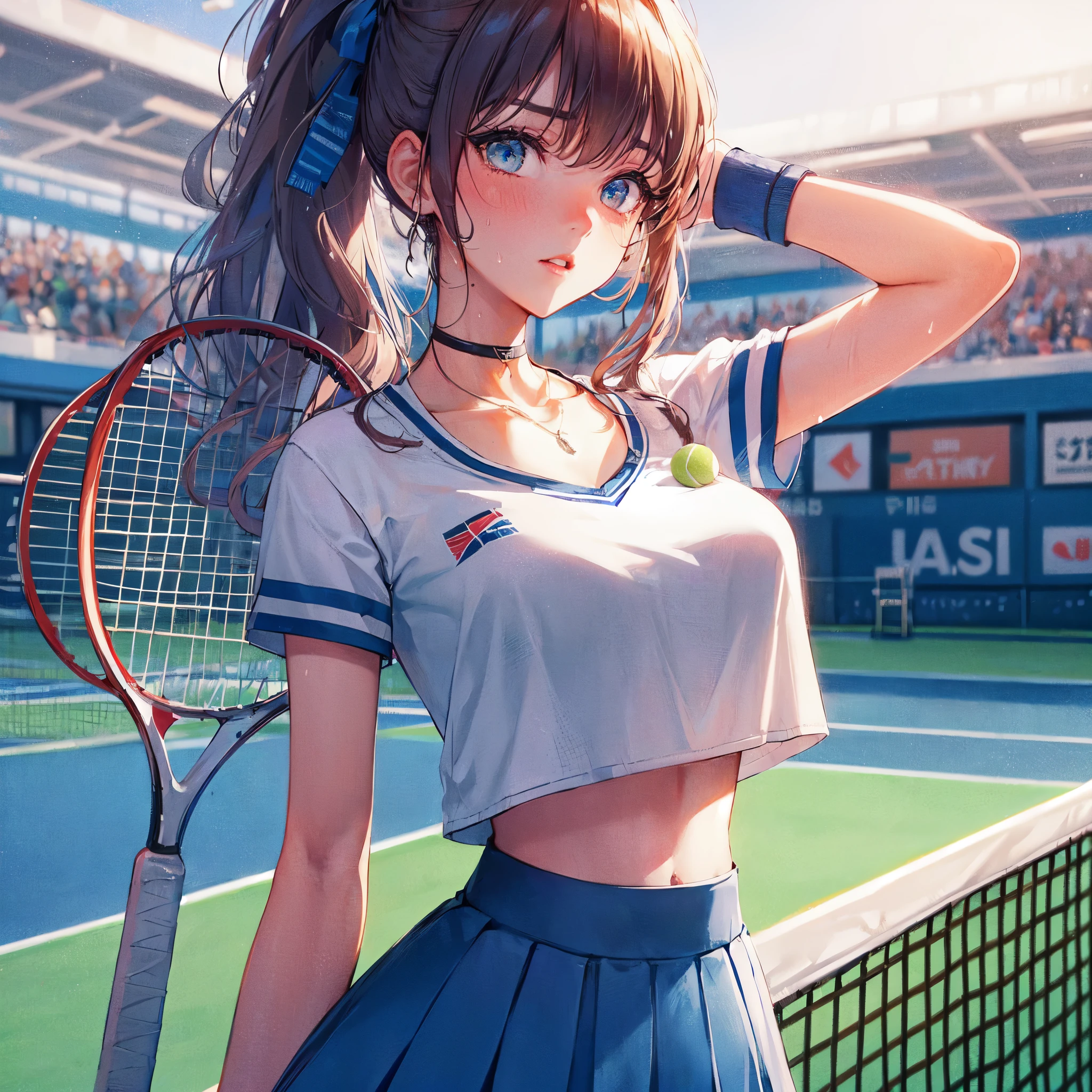 high quality,hd,16k,sharp line,1girl,female sport tennis athlete ,skirt lift up,cute face, large breasts, nice legs, sweat,in tennis venue,focus girl,detailed beautiful face,detailed clothes,beautiful eyes,pretty,dynamic angle