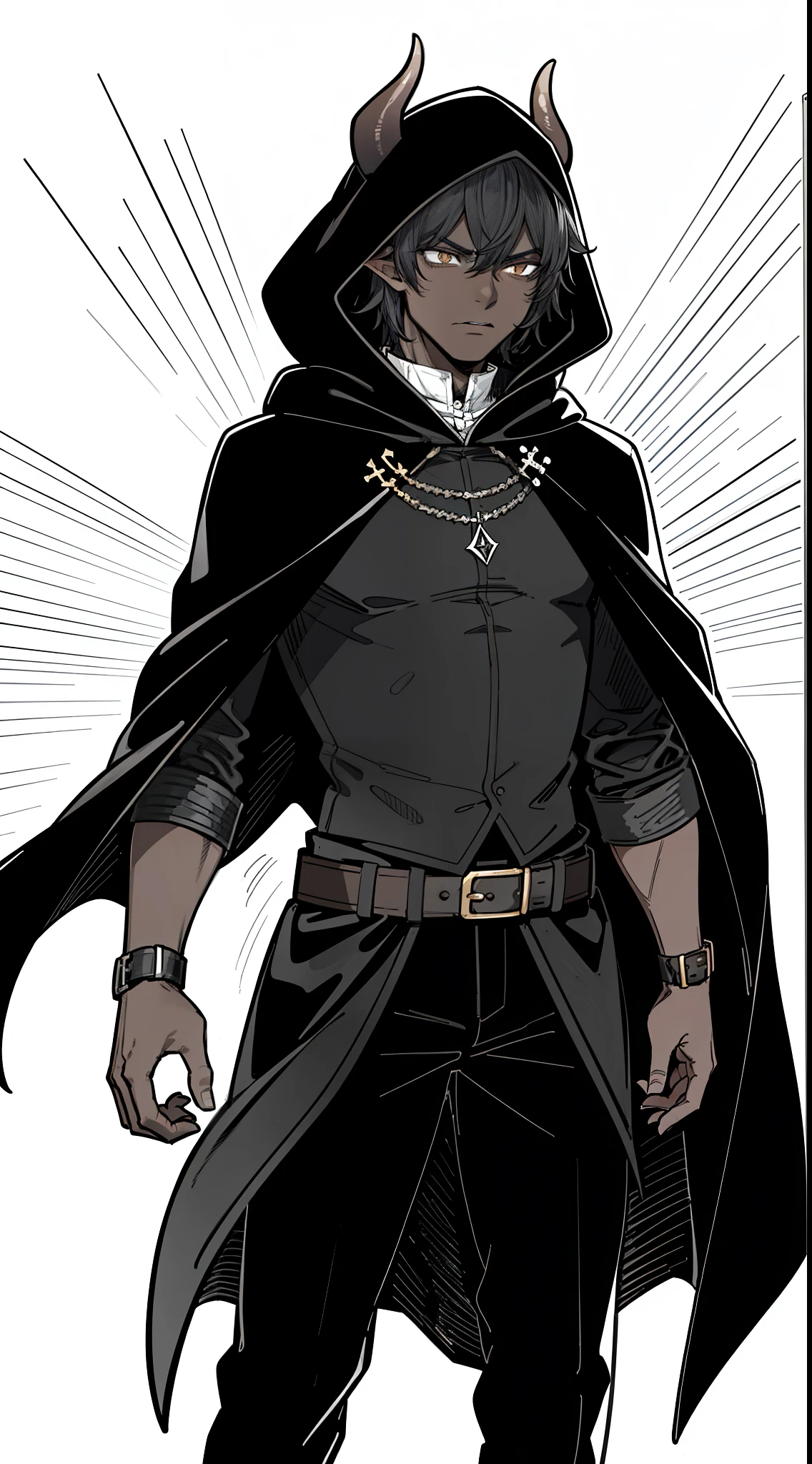 1boy,20,mature male,solo,angry,((dark skin)),((black cloak,hooded,black pants)),Short hair,black hair,elf ears,(horns),(white background,line drawing),cowboy shot,standing,outstretched hand,attacking