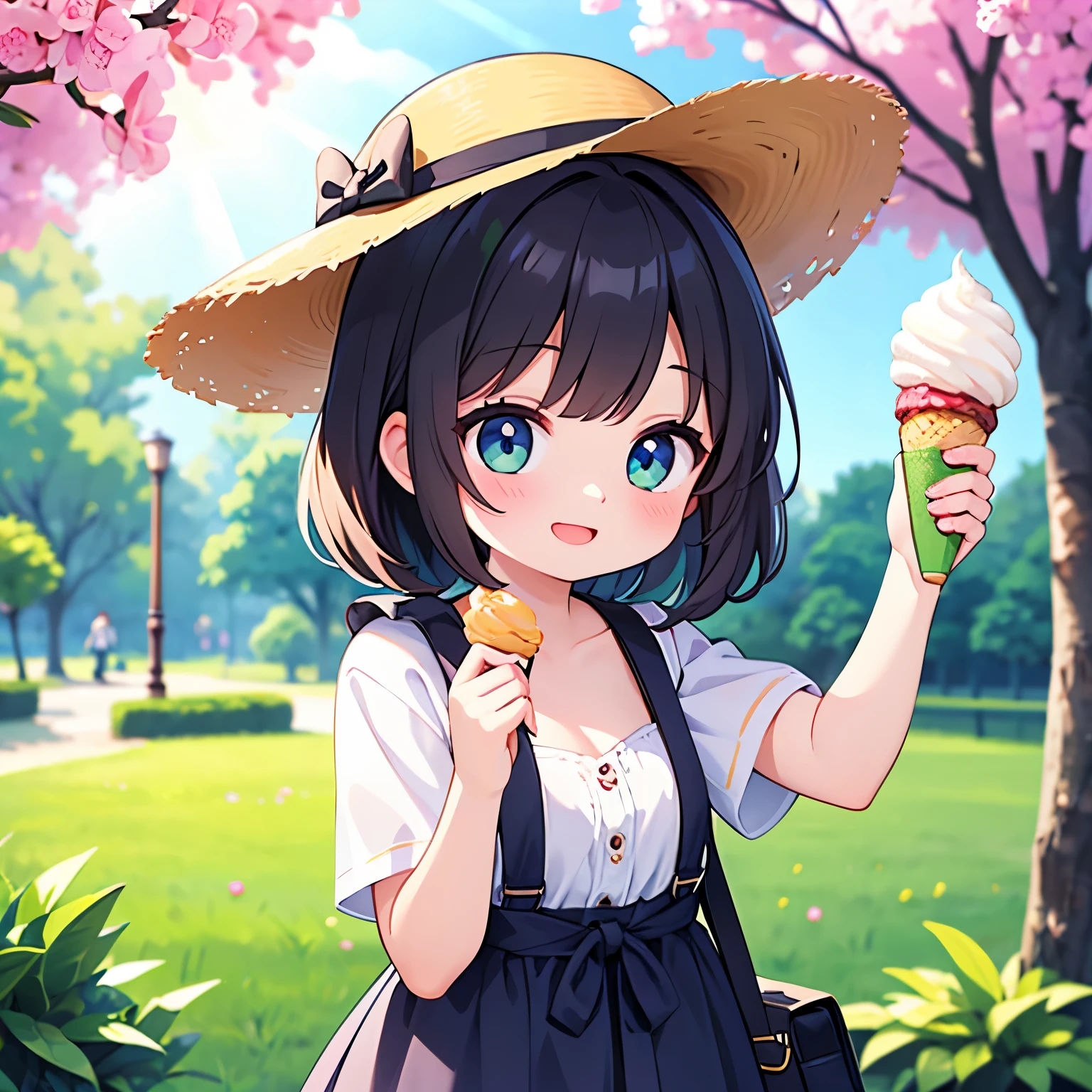 A woman holds an ice cream in her hand and the sun shines on her and she is happy. Sie ist im Park und hat eine an