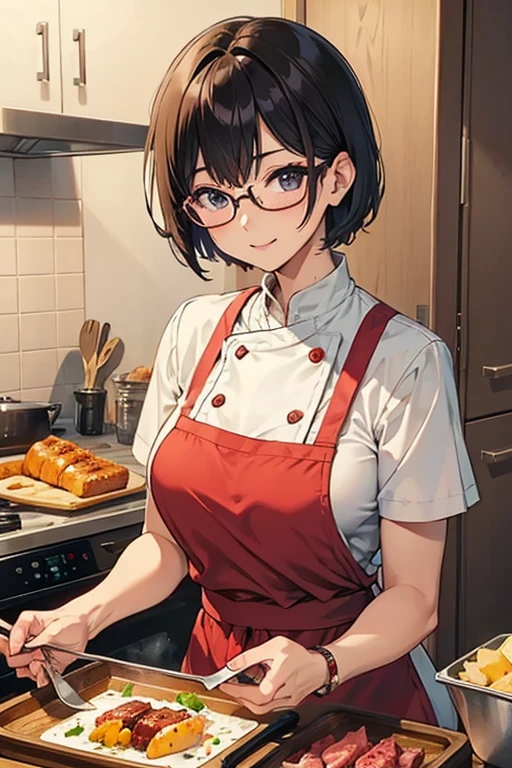Beauty、Upper body、Cooking、short hair、meaty、Glamour、Glasses、chef