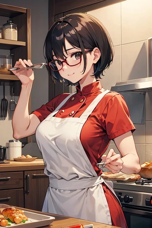 Beauty、Upper body、Cooking、short hair、meaty、Glamour、Glasses、chef