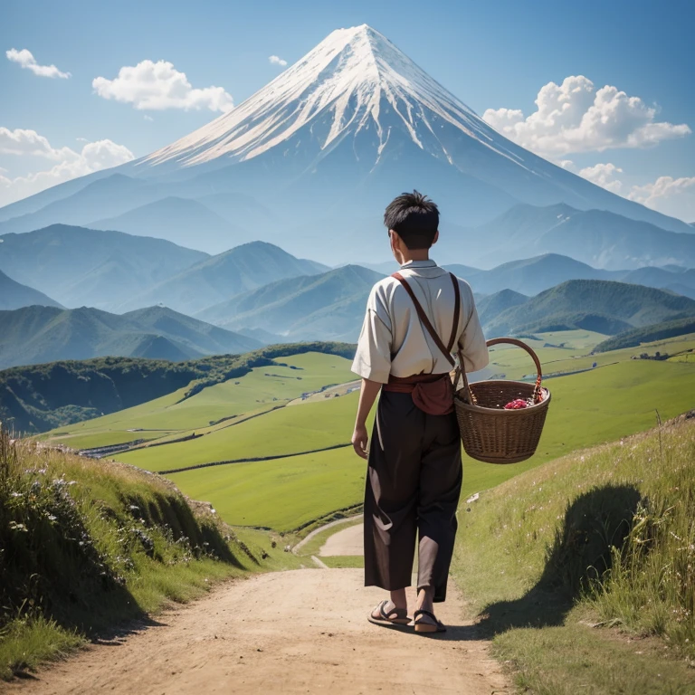  High resolution, Super detailed, masterpiece, highest quality,oriental、old japanese clothes、boy working in the field、grassland、basket on the back、