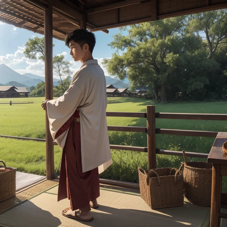 High resolution, Super detailed, masterpiece, highest quality,oriental、old japanese clothes、boy working in the field、grassland、basket on the back、