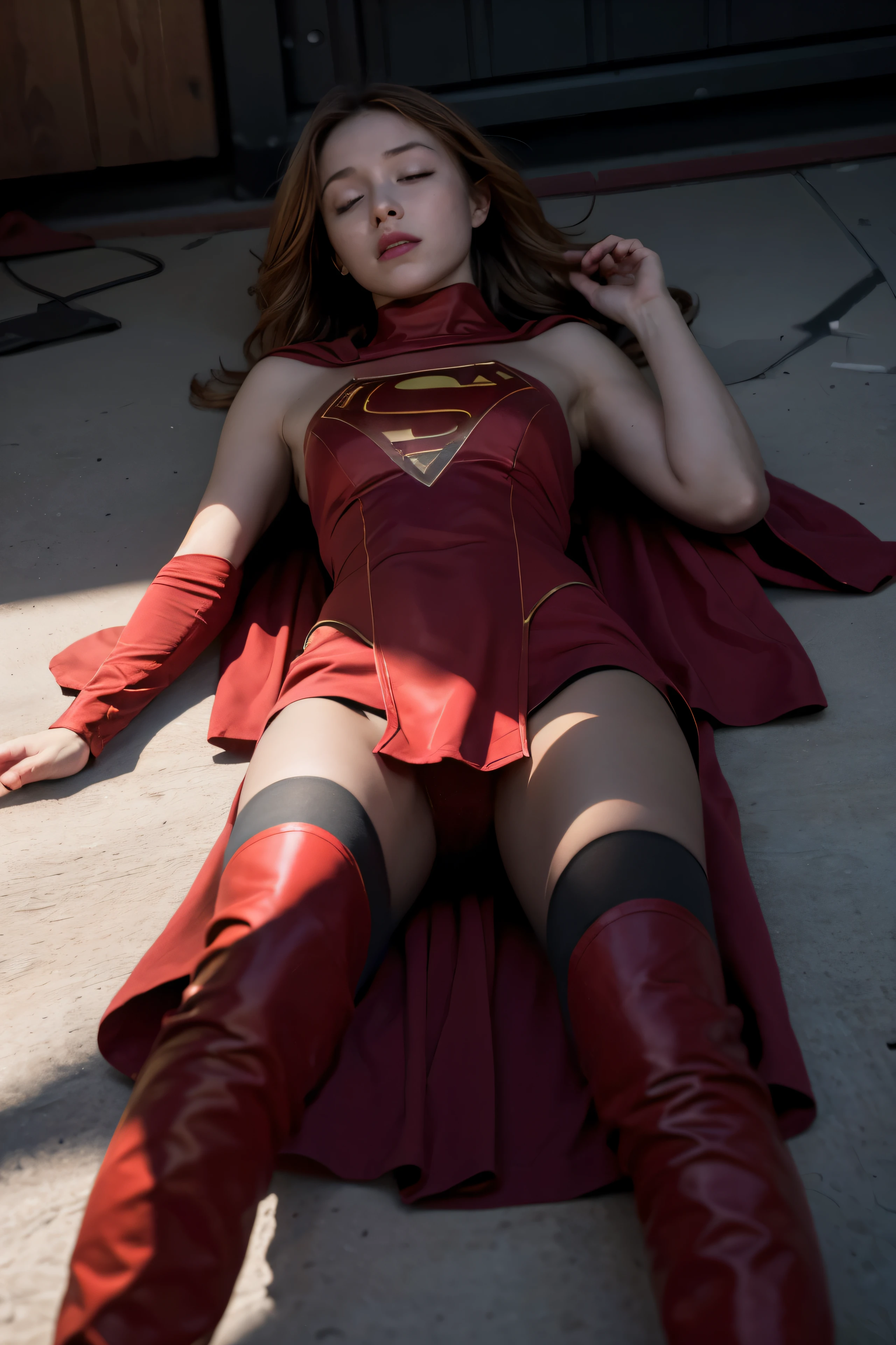 8k, best quality, real picture, intricate details, ultra-detailed, ultra highres, depth field,(photorealistic,realistic:1.2), masterpiece, photo of 1girl, Supergirl, superhero, arms on hips, realistic, red cape, bodysuit, red skirt, red boots, pantyhose, blonde hair, lips, long hair, solo, ruined city background, Nikon d850, film stock, photograph 4 kodak Portra 400 camera f1.6 lens, rich colors, hyper realistic, lifelike texture, dramatic lighting, unreal engine, trending on artstation, cinestill 800, (lying on back:1.9), (close eyes:1.6), (unconsciousness:1.9), (painful), (defeated from fighting), on the spaceship, (binded), ((whole body)),