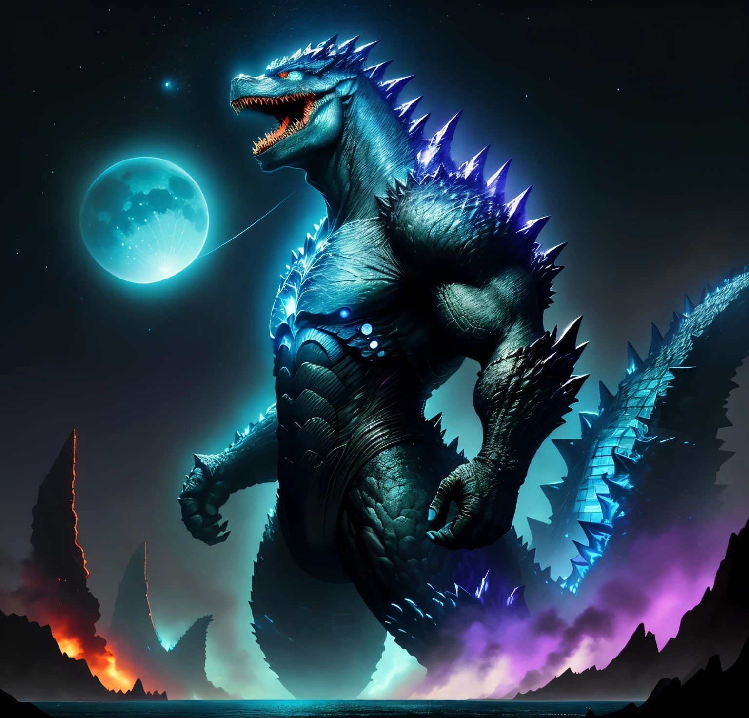 Godzilla , the ocean，The background is a futuristic city, scifi style, blue and violet, brightly, Sky background at night，There are many stars and a moon that splits in two. Ultra photo realsisim