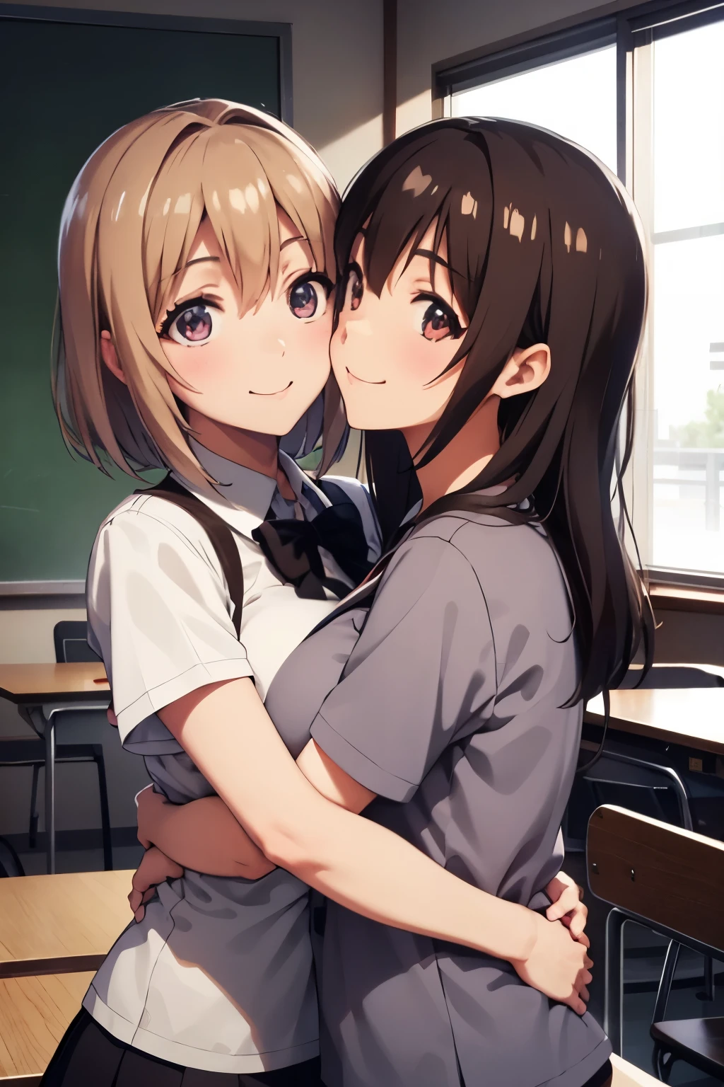 Full body, Japanese high school students, two girls, a girl with short brown hair and a girl with long black hair, cute, big eyes, small nose, big breasts, slender, shirt, classroom, cuddling, smiling,