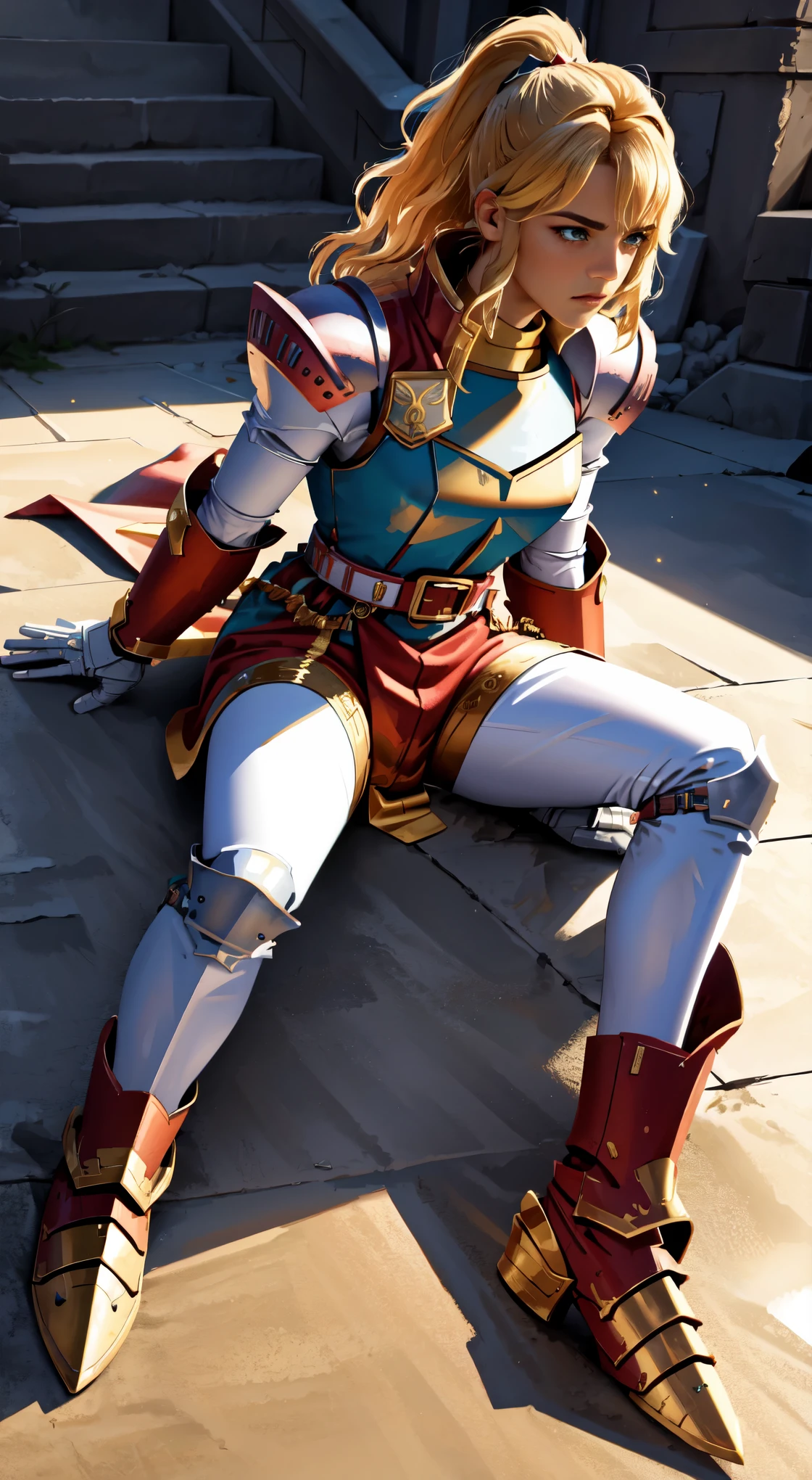 (best quality,4k,highres),(realistic:1.37),adora laying on the floor exhausted in heavy white armor, styled in she-ra’s form,golden shoulder pads,golden boots,red cape,detailed armor design,muscular build,strong facial features,weary expression,dust particles in the air,reflection on the armor's surface,shining armor,majestic pose,colorful magical aura surrounding adora,light coming from above,emotional atmosphere,contrasting shadows,action-packed scene,larger than life,heroic,illustrative style.