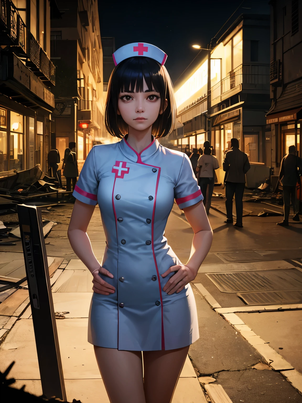 1girl, (shapely body), (solo), 19 years old, hdr, (nurse), epic realistic, RAW, analog, dim light, neon lamps, (1 person), (((night))), blinding lights, relaxed posture, people in the background, dark lighting, neon advertising, advertising posters, advertising hologram, realistic shadows, stands in the semi-darkness of a ruined building, ((highly detailed skin, skin details)), sharp focus, 8k UHD, DSLR, high quality, film grain, Fujifilm XT3, soft cinematic light, adobe lightroom, photolab, hdr, intricate, highly detailed, (depth of field:1.4), faded, (neutral colors:1.2), (hdr:1.4), (muted colors:1.2), hyperdetailed, (natural skin texture, hyperrealism, soft light, sharp)