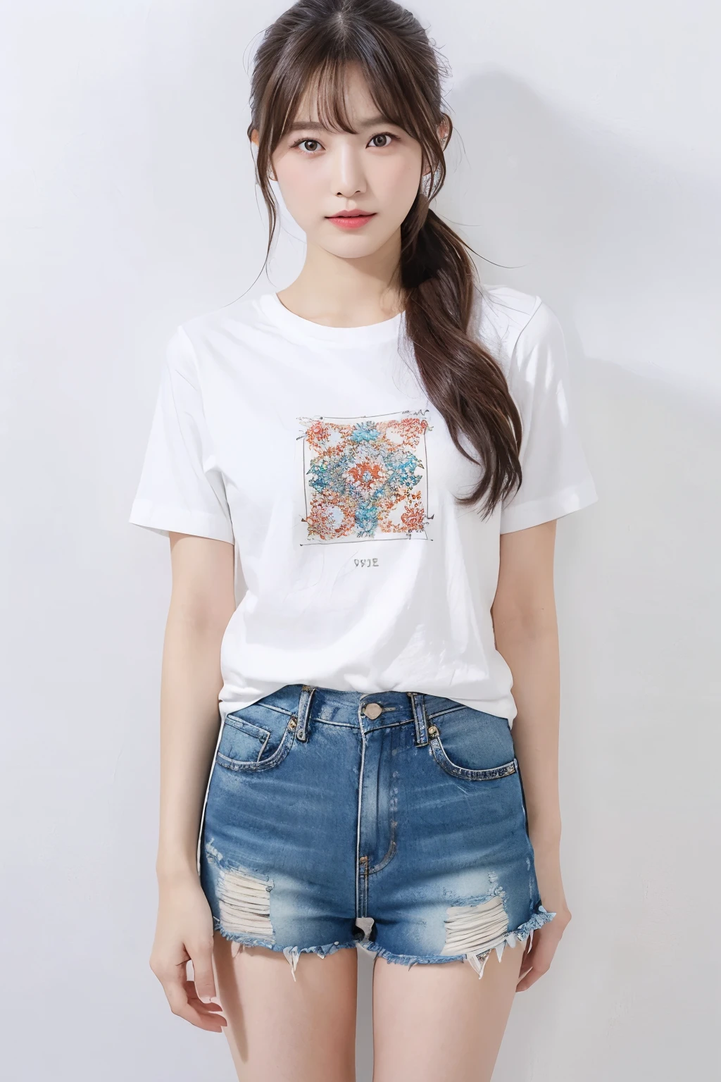 ((Top quality)), one beautiful woman, wearing ornament pattern t-shirt shorts,35mm lens, f/1, cowboy shot, (white background: 1.3), flat chest, on bed,fantastical scenery,大きい目,小さい胸、笑顔