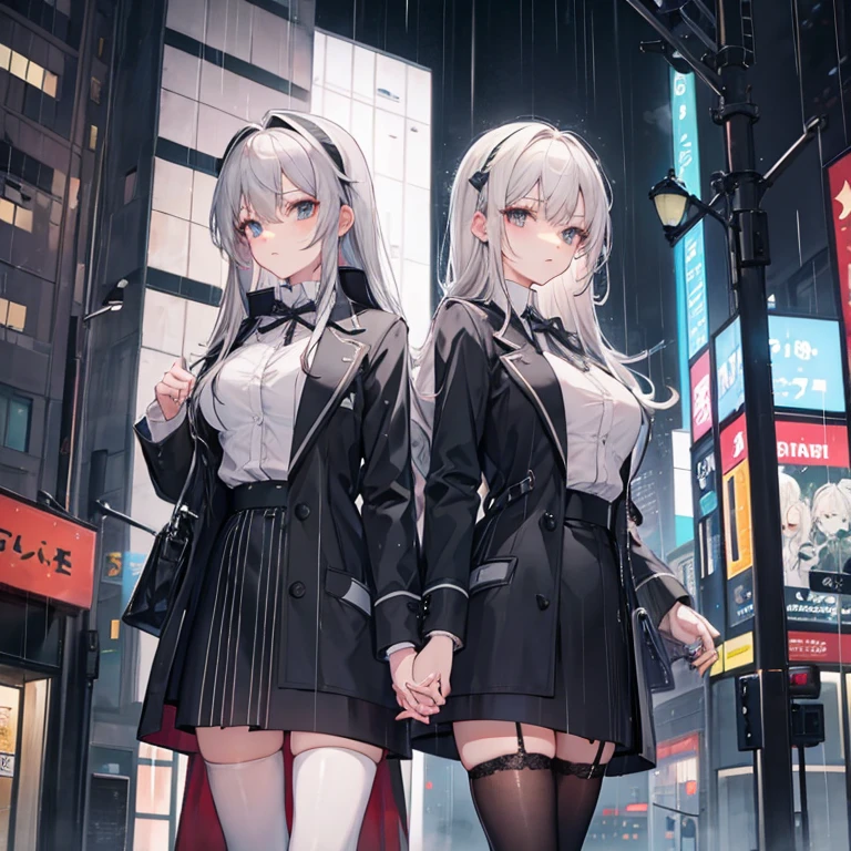 ,twins,gray hair,stockings,mature woman,rain,City of night