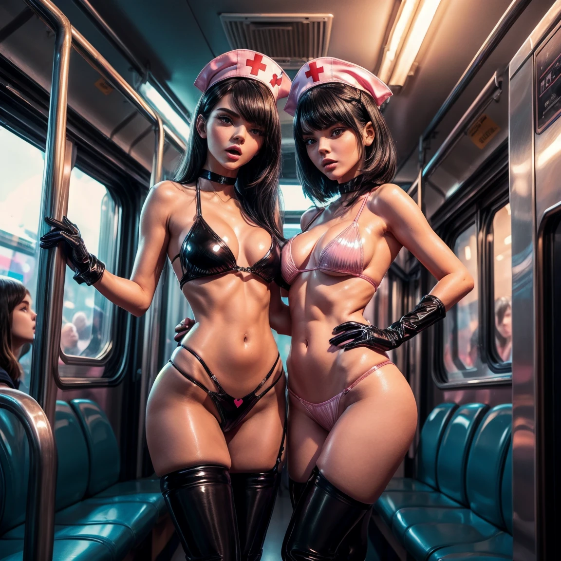 ((((2 girls)))), realisitic、top-quality, Kendall Jenner, ((small round breasts)), ((slender body, thin waist)), black hair, detailed face, cat ear, nurse cap, (Heart shaped pupils) (orgasm) Stick out the tongue (Black PVC Knee Socks) (Black PVC Long Gloves) (pink Sequin Micro Bikini) Big breasts, skinny body, Huge stature, wariza, PAW Pose, n a crowded train, V finger.