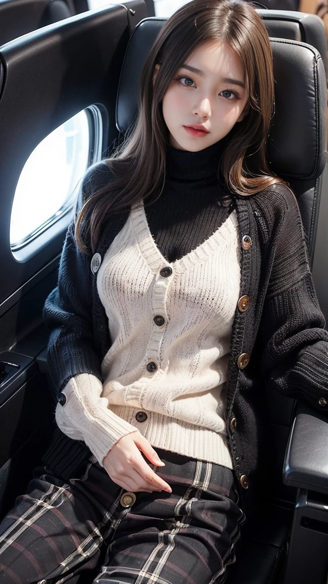Masterpiece, Best Quality, Very Detailed, 8k, Photorealistic, soft focus, beautiful detailed eyes, detailed face, double eyelid, 1girl, solo, beautiful skin, real human skin, close-up shot, Half-body, (Black sweater:1.5), that clearly shows your body line, BREAK, (wide-leg plaid pants:1.4), BREAK, (Cherry-colored button-front blazer on top:1.4), erotic body, 16 years old girl, beautiful girl, Japanese idol, medium hair, brown hair, a lustful smile, moist lips, Dozing off in the first class seat, (sleeping beauty:1.3),NSFW