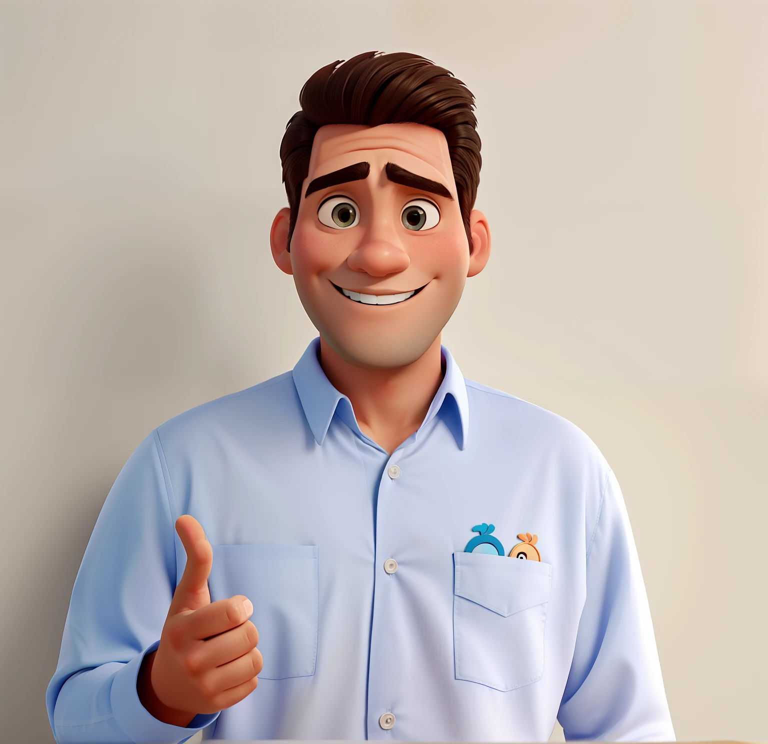 Poster no estilo Disney pixar, alta qualidade, melhor qualidade, homem jovem, branco, 40 anos, cabelos pretos, sorridente com aparelho nos dentes, aparelho corretivo nos dentes, usando uma camisa branca