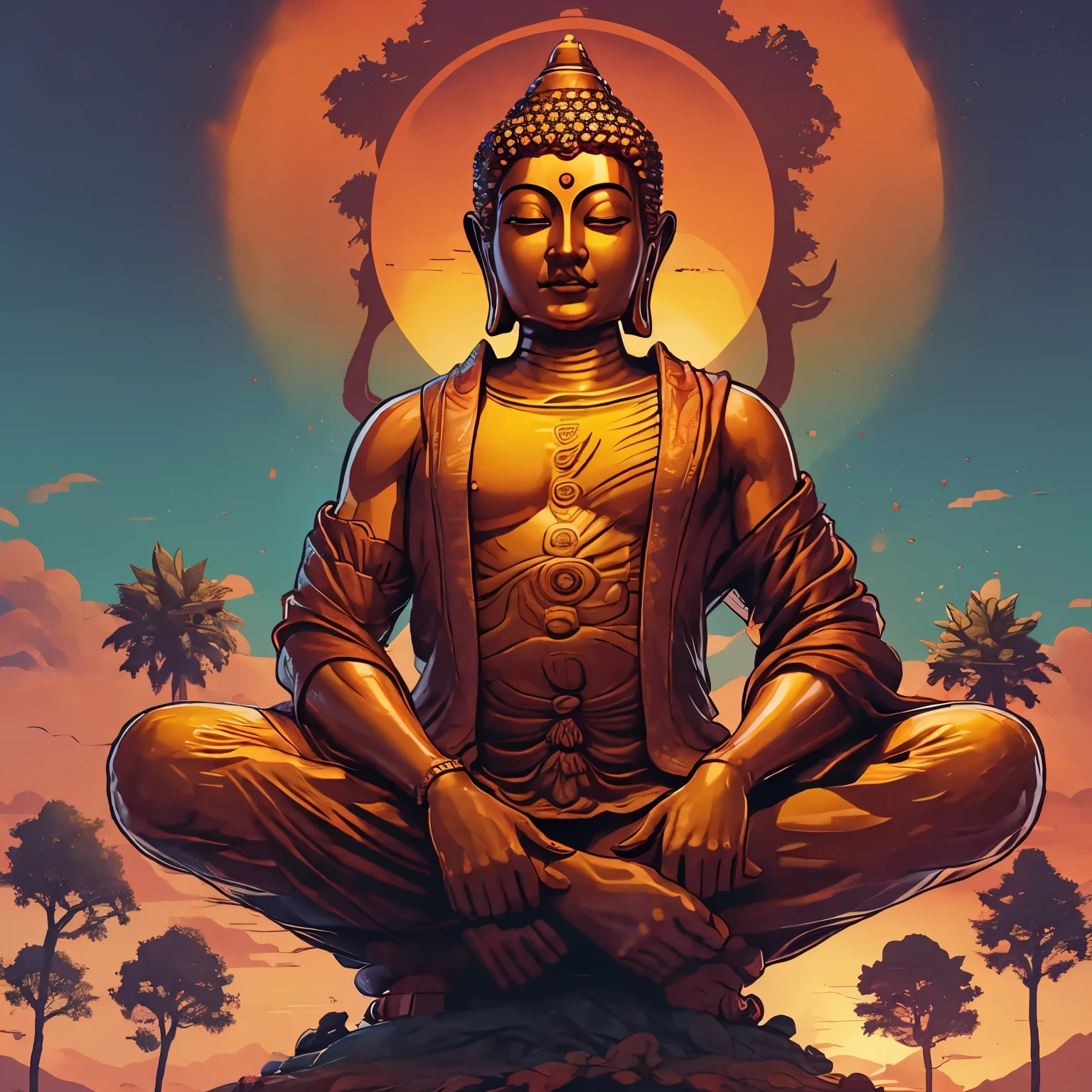 Buddha with his arms reaching up to the sky his fingers are morphing into tree branches on the tree of life. The sky is exploding with hues of red orange and yellow as the golden hour is at it's apex.
