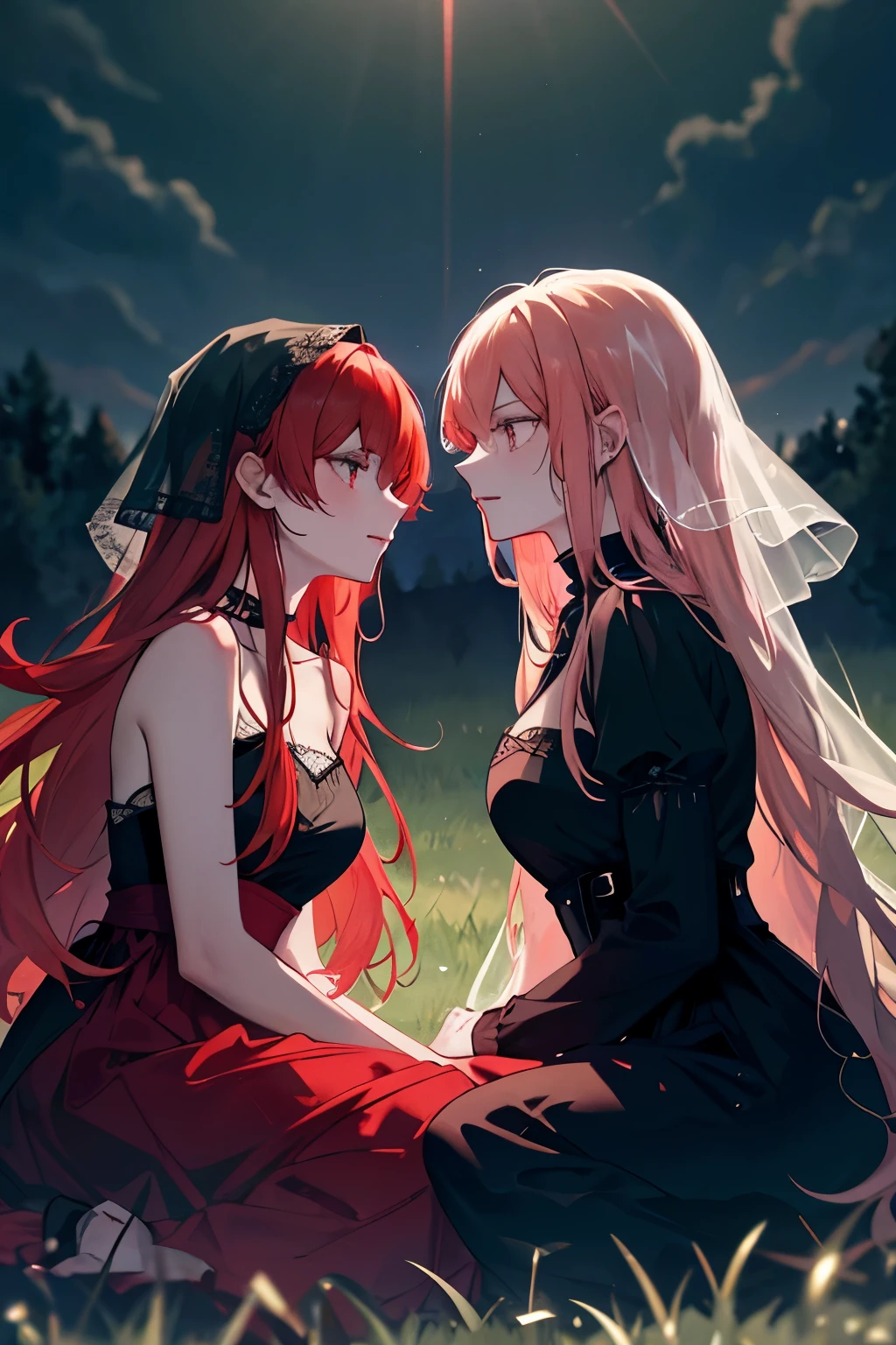 Two enchanting women with vivid red hair casually sit facing away from the camera in an expansive, open field, shrouded in the veil of night. The stormy sky above is a canvas of darkness, sprinkled with the occasional flash of lightning, illuminating the scene with an ethereal glow. In the distance, a solitary, flickering light beckons, providing a sense of mystique and intrigue. The lush, green grass beneath them seems to softly glow, absorbing the ambient light, as if teasing the darkness around them. The women's outfits, while not fully revealed, hint at an air of sensuality – their long, flowing red dress