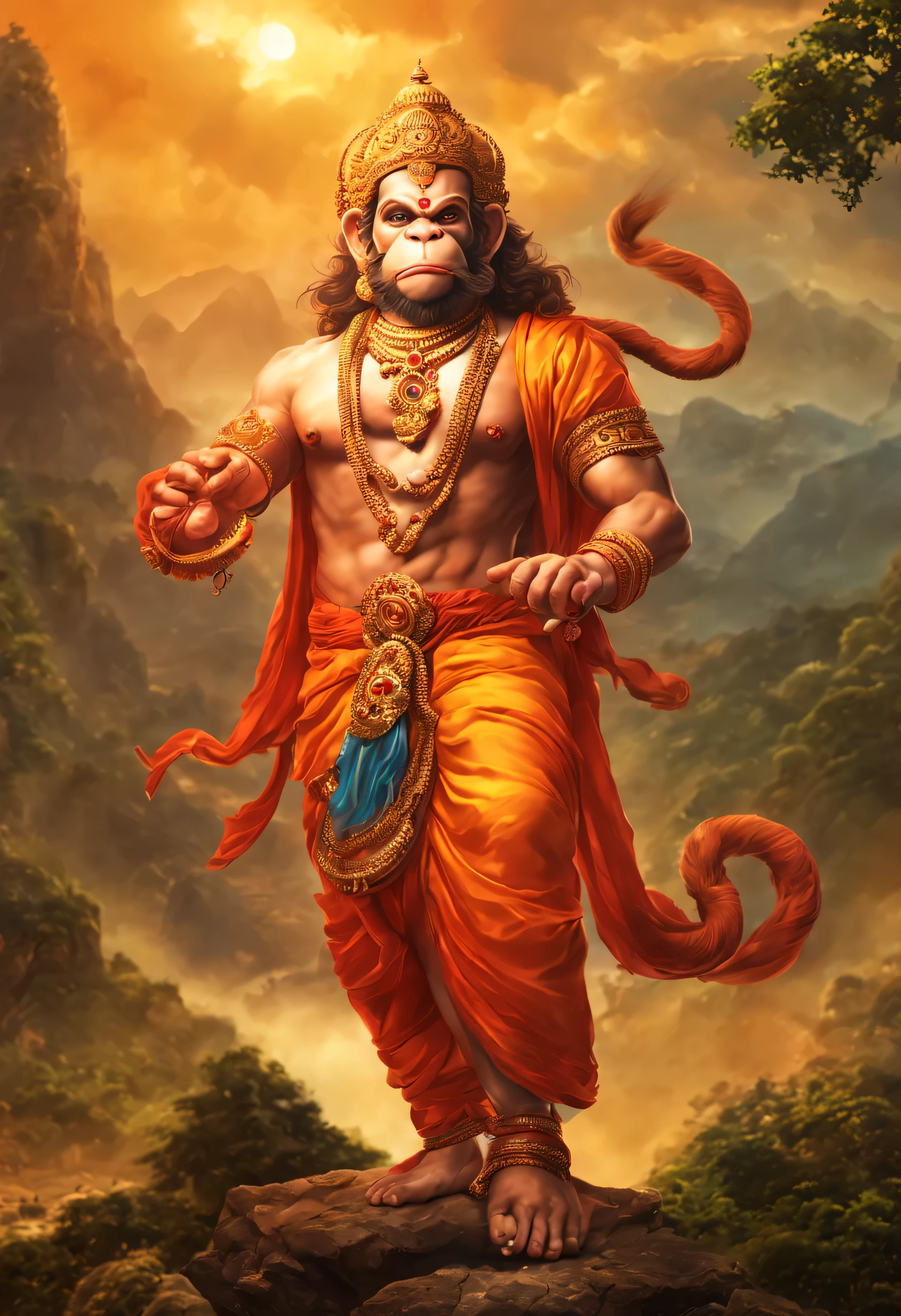 (best quality,realistic highres,divine light,vibrant colors:1.2),Hindu God Hanuman in saffron clothes,monkey head,powerful human, epic mace, The art style takes inspiration from Ramayana and Hinduism, camera angle is a dynamic high angle, capturing the Hanuman's dominance over the fiery terrain. The render style is a fusion of fantasy and hyper-realism, evoking a sense of epic grandeur and danger, (((masterpiece)))