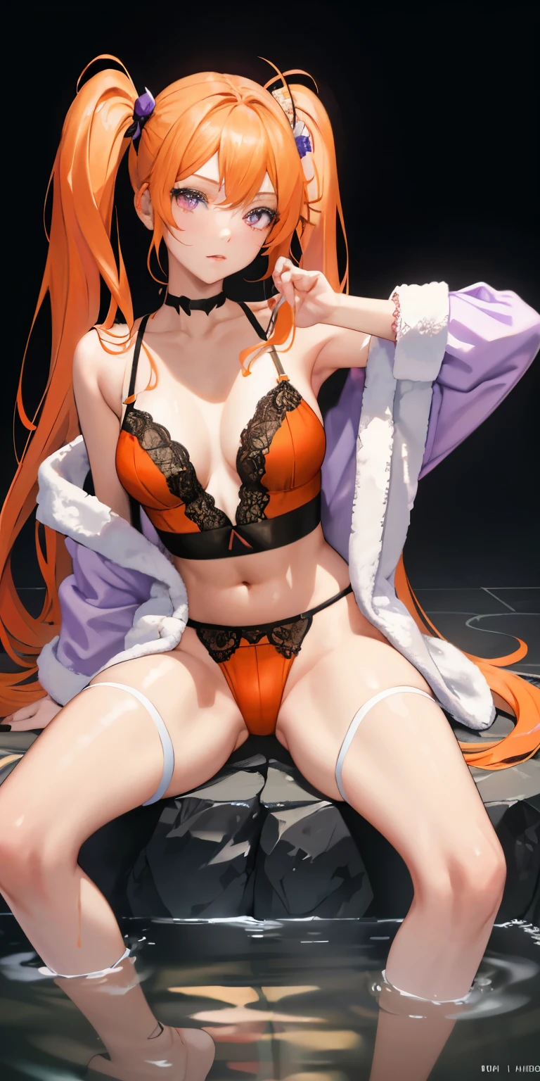 1 girl, long white twintail hair, purple eye, sports late, realistic, bathrobe, (hot spring), ((orange detailed lace lingerie))side lighting, wallpaper, NSFW,squat down and spread your legs，ideal style、High quality