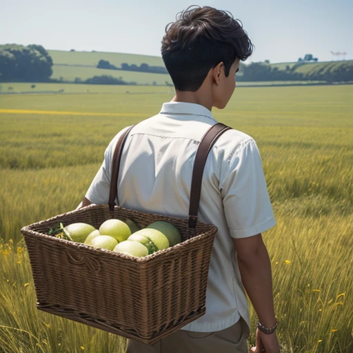  High resolution, Super detailed, masterpiece, highest quality,oriental、Thrift、boy working in the field、grassland、back basket、