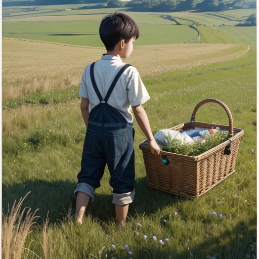 High resolution, Super detailed, masterpiece, highest quality,oriental、Thrift、boy working in the field、grassland、back basket、