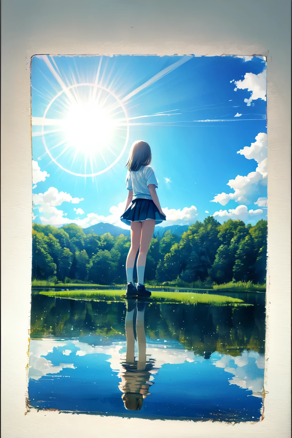 A girl, standing at the edge of a tranquil lake, her reflection mirrored perfectly on the still water. The photo is taken with a Polaroid camera, creating a lens flare that adds a touch of magic to the scene. The exposure is slightly overdone, making the colors more vivid and the whites more bright. The focus is soft, giving the image a dreamy quality. The edges of the photo are darkened, creating a vignette effect that draws attention to the center. The image has a low resolution, but it also has a lot of emotion and nostalgia.((Reflection on the surface of the water shows white panties in the skirt.))