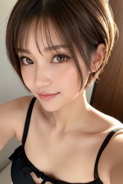 Echiechi, Constricted body, Rumor, adult woman, 30 generations, beautiful detailed eyes, short bob hair, best quality, masterpiece, Layer Bob Hair, Moist eyes, Pixie Cut, Awesome pose, long eyes, brown eyes, brown eyes, smile, smiling, real, glossy lips, Chubby lips, Japanese, natural makeup, Kaede Fua, small ass, slender face, professional lighting, cowboy shot, 8 heads and bodies, selfie, Miss Menes, baby doll, simple background, beautiful decolletage,