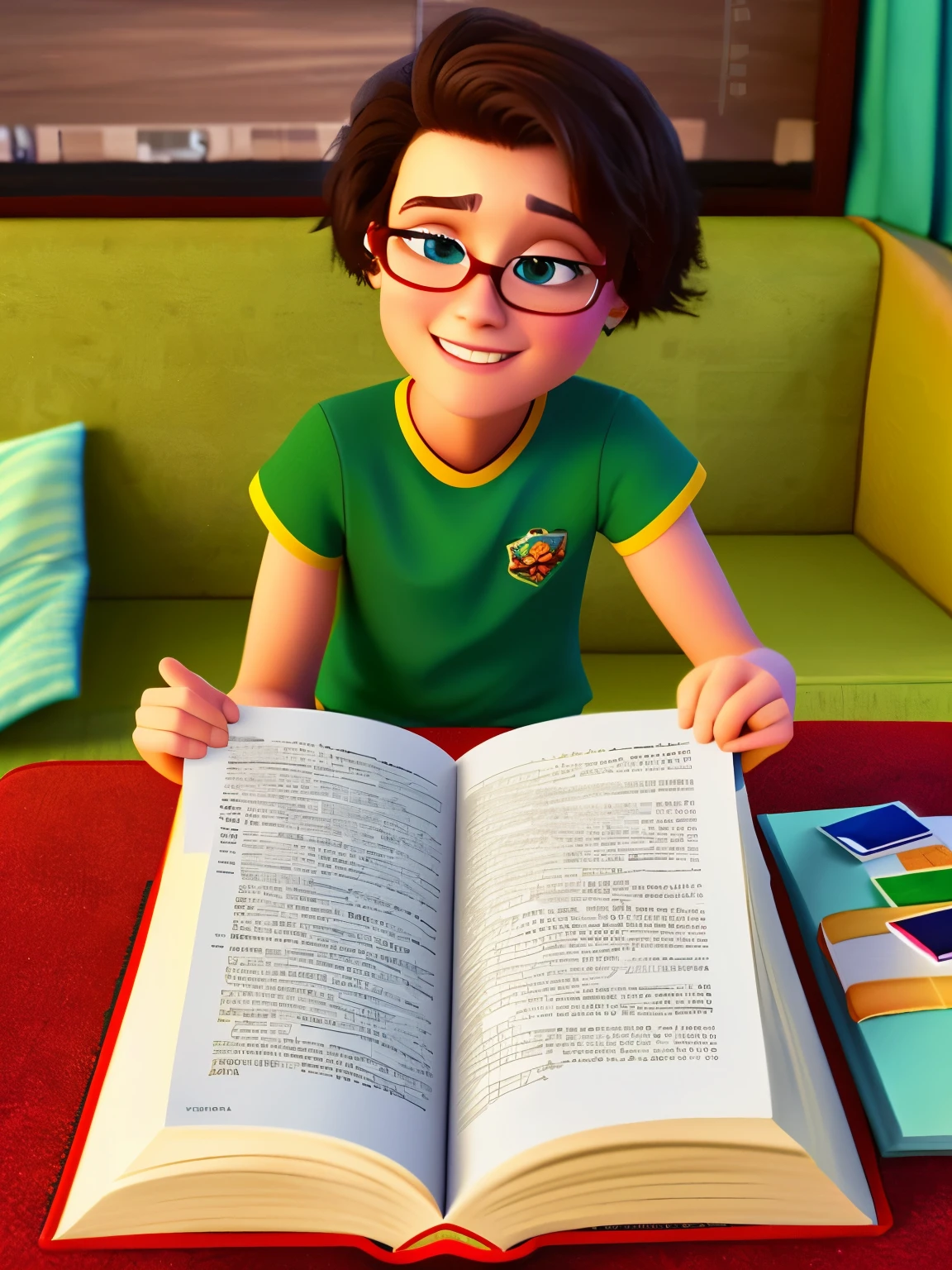 Pixarstyle of a student, 23 years old, studying, sentado lendo um livro, mesa de madeira, sala de estar, olhando para o livro, disney style.