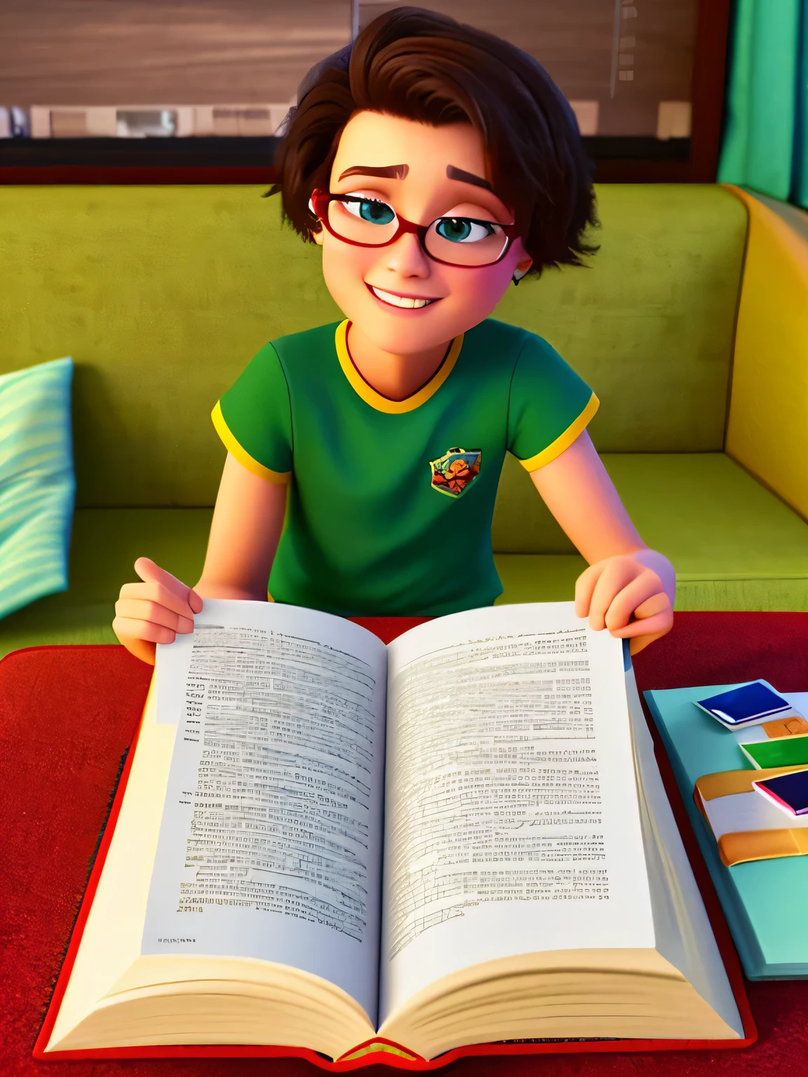 Pixarstyle of a student, 23 years old, studying, sentado lendo um livro, mesa de madeira, sala de estar, olhando para o livro, disney style.