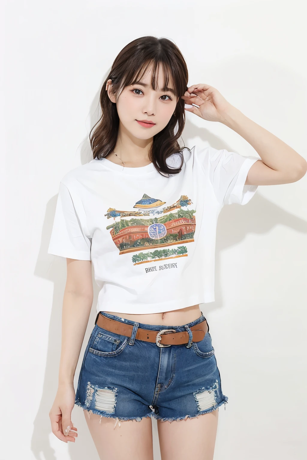 ((Top quality)), one beautiful woman, wearing ornament pattern t-shirt  shorts,35mm lens, f/1, cowboy shot, (white background: 1.3), camp site,fantastical scenery,大きい目,小さい胸、笑顔