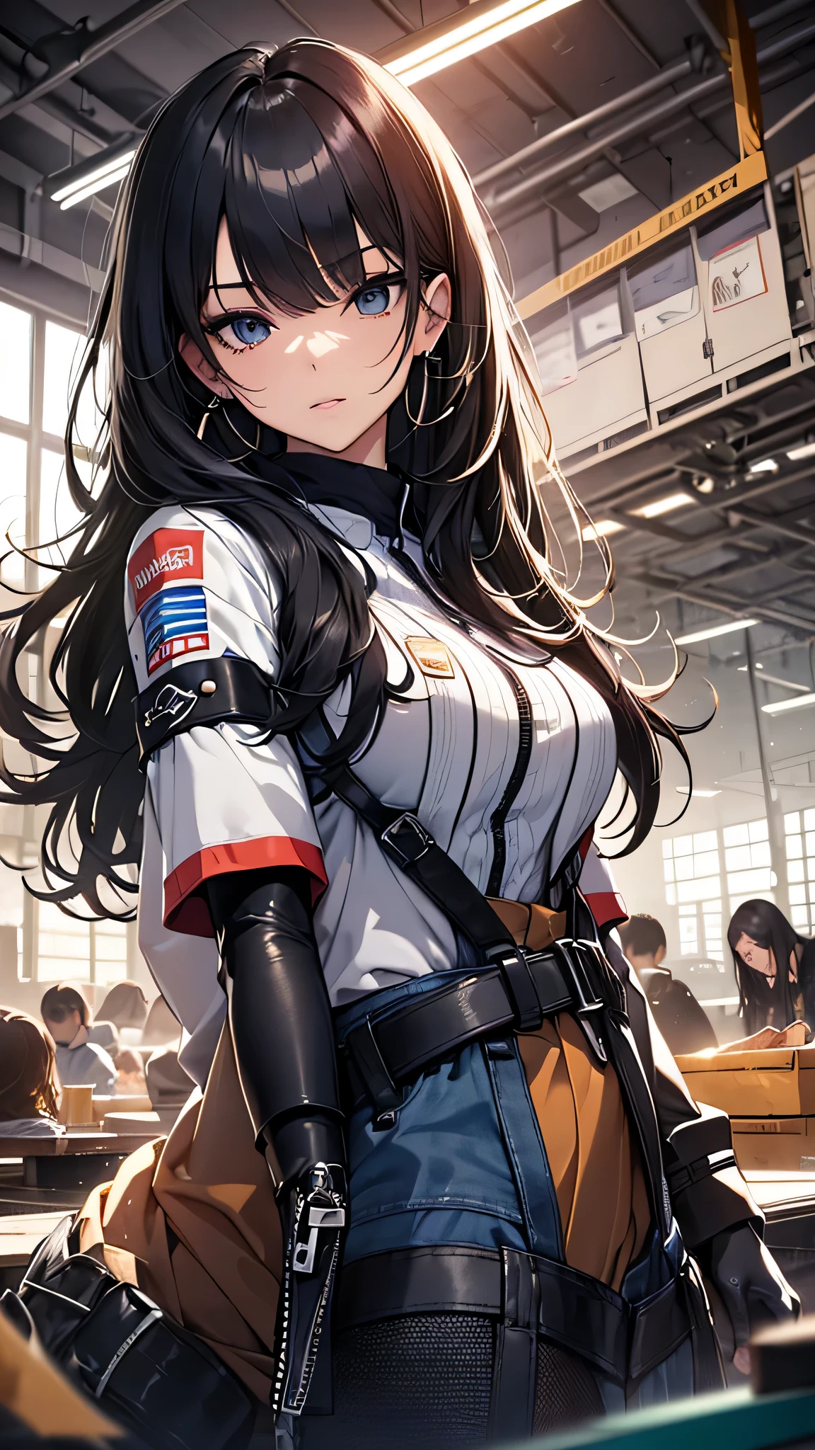 最high quality、best image quality、masterpiece、teenage girl((18-year-old、 By becoming、vest bust、medium bust,wide open breast tea、black eye, black hair、long hair、thin,highest valley、Perforated gloves、blue earrings、bandana、Black workwear、There is a spanner、There are black stains all over the body)),high quality、beautiful art、background((fighter jet、workroom、hangar)),debris flies、Depth of written boundary、movie、visual art、perfect art、8K,genuine