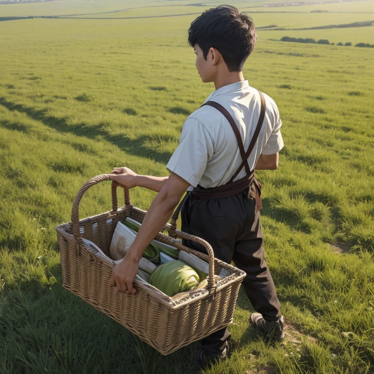 High resolution, Super detailed, masterpiece, highest quality,oriental、Thrift、boy working in the field、grassland、back basket、